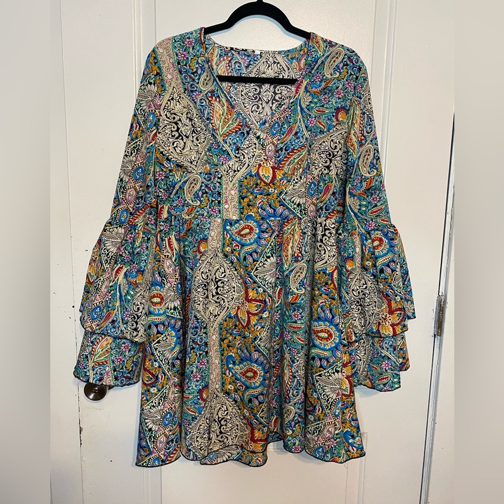 SHEIN Blue and Orange Tiered Ruffled Long Sleeve Dress - Picture 8 of 8